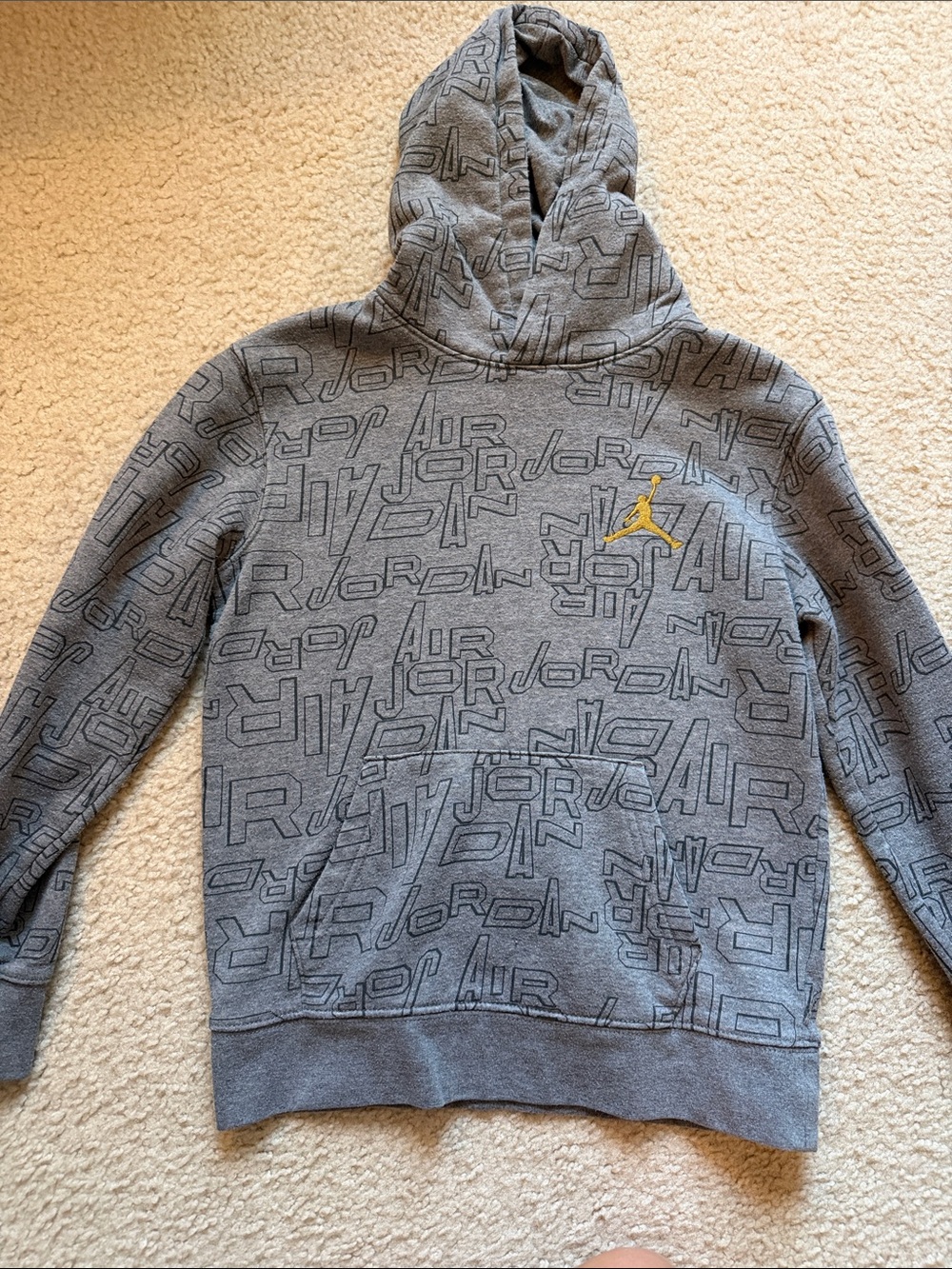 Jordan Boy’s Gray Hoodie with Gold Jumpman and All-Over Logo Print